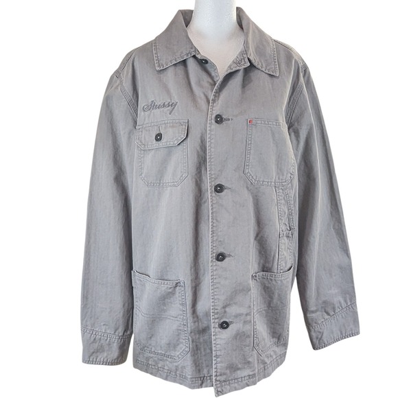 Stussy Utility Chore Jacket Size Medium Gray Twill Red Bandana Lining Button-Up - Picture 1 of 12